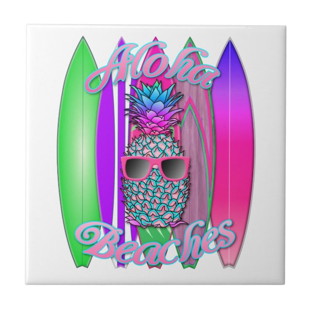 Tropical Aloha Beaches Fun Surfing Pineapple Ceramic Tile (Front)