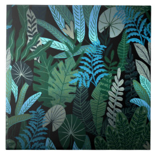 Tropical Aloha Exotic Blue Jungle Pattern at Night Ceramic Tile
