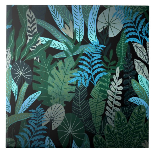 Tropical Aloha Exotic Blue Jungle Pattern at Night Ceramic Tile (Front)