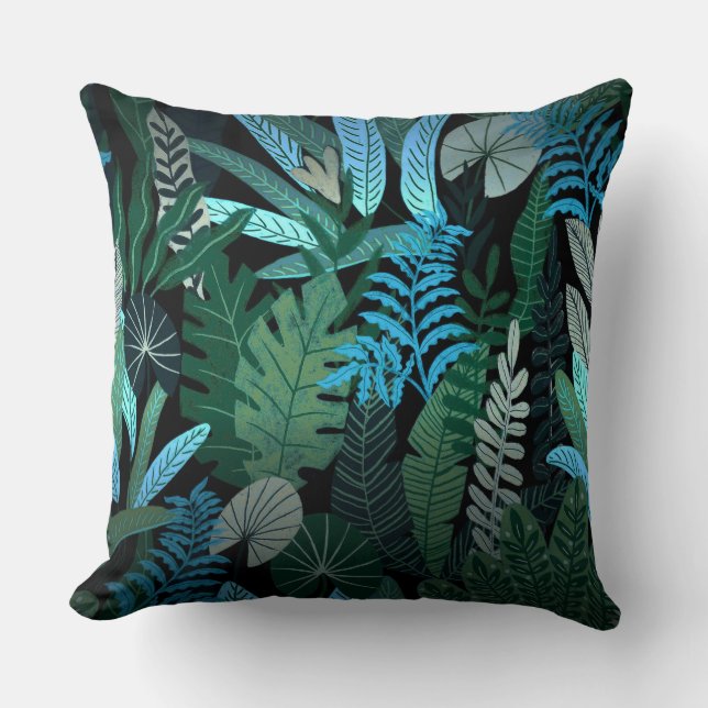 Tropical Aloha Exotic Blue Jungle Pattern at Night Cushion (Front)