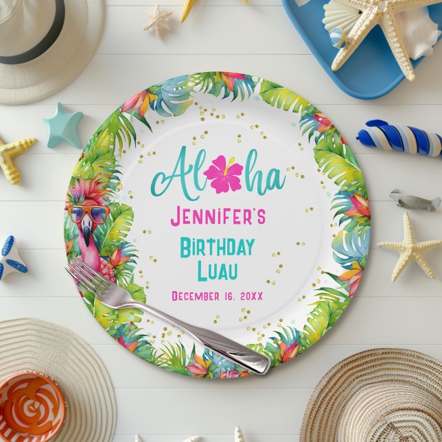 Tropical Aloha Flamingo Birthday Luau Paper Plate (Creator Uploaded)