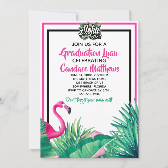 Tropical Aloha Flamingo Graduation Luau 2022 Invitation (Front)