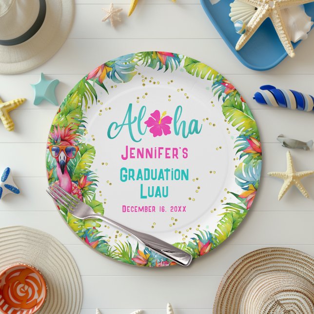 Tropical Aloha Flamingo Graduation Luau Paper Plate (Creator Uploaded)
