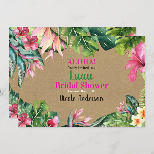 Tropical Aloha Floral Luau Kraft Bridal Shower Invitation (Front/Back)