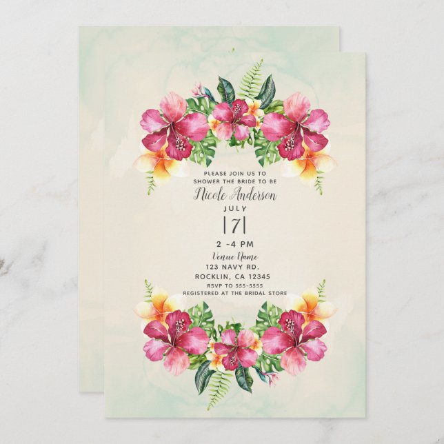 Tropical Aloha Flowers Botanical Bridal Shower Invitation (Front/Back)