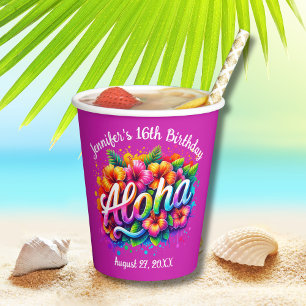 Tropical Aloha Hawaiian Birthday Luau Purple Paper Cups