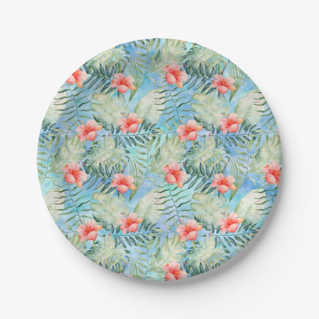 Tropical Aloha Hibiscus Floral Baby Shower Paper Plate (Front)