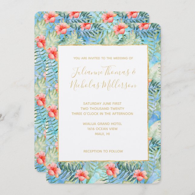 Tropical Aloha Hibiscus Floral Invitation (Front/Back)