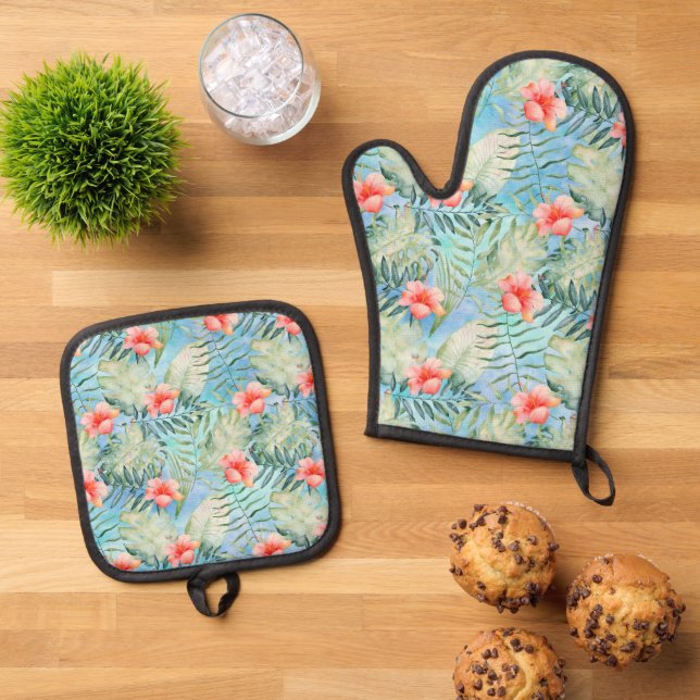 Tropical Aloha Hibiscus Floral Oven Mitt & Pot Holder Set (Top Down)