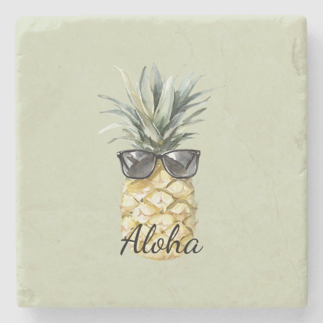 Tropical Aloha Pineapple with Sunglasses Stone Coaster (Front)