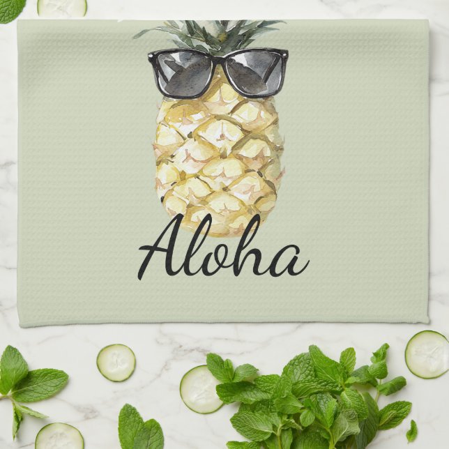 Tropical Aloha Pineapple with Sunglasses Tea Towel (Folded)