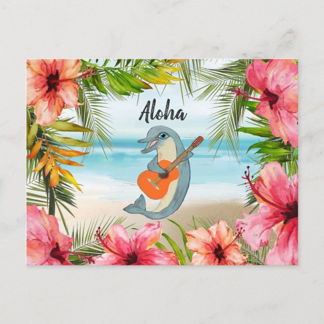 Tropical Aloha Thinking of You Dolphin Guitar Postcard (Front)