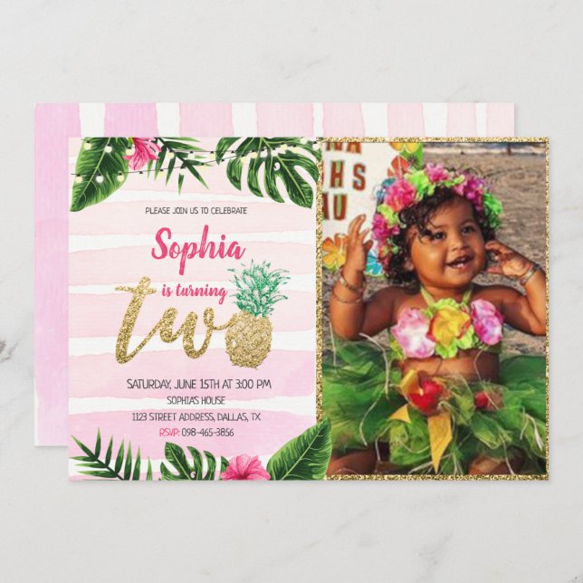 Tropical Aloha Two Birthday Invitation With Photo (Front/Back)