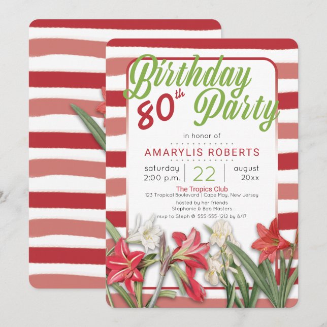 Tropical Amaryllis Striped 80th Birthday Party Invitation (Front/Back)