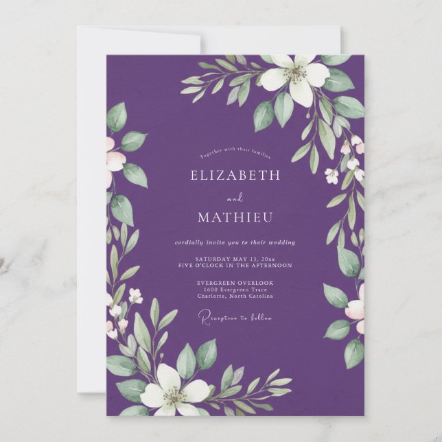 Tropical Amethyst Leafy Wedding Invitation (Front)
