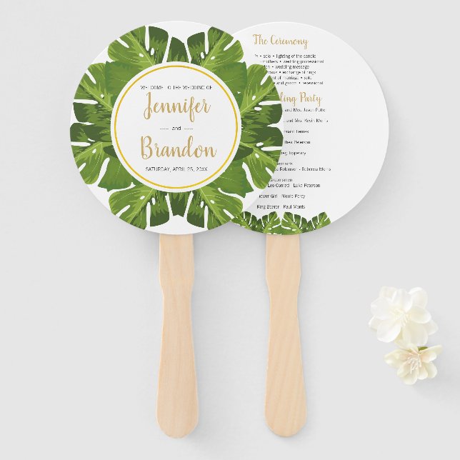 Tropical and gold round wedding program fan (Front and Back)