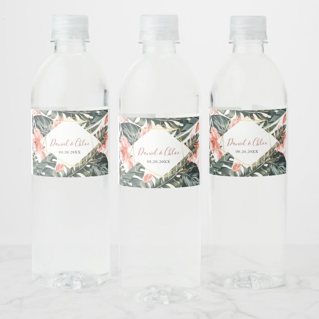 Tropical and Gold Wedding Floral Water Label (Bottles)