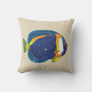 Tropical Angelfish Illustration Bright Blue Yellow Cushion
