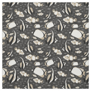 Tropical Angelfish Pattern on Charcoal Grey Fabric