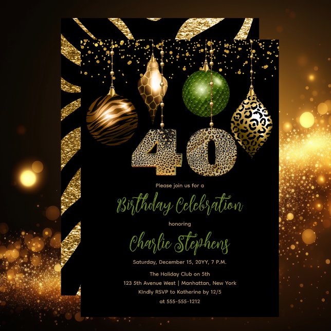 Tropical Animal Skin Baubles 40th Birthday Party Invitation (Glamorous Tropical Animal Print Baubles 40th Birthday Party Invitation in Black, Gold & Olive Green)