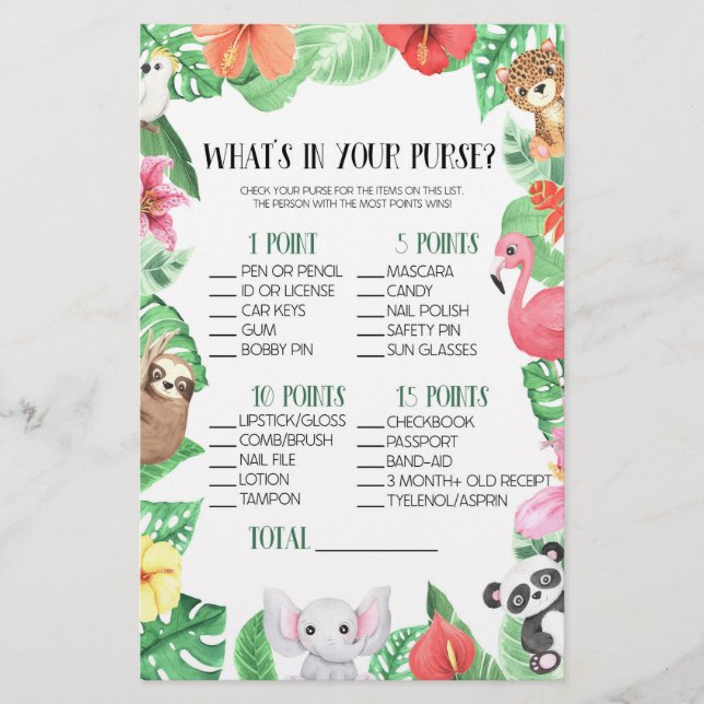 Tropical Animal What's In Purse Baby Shower Game Stationery (Front)