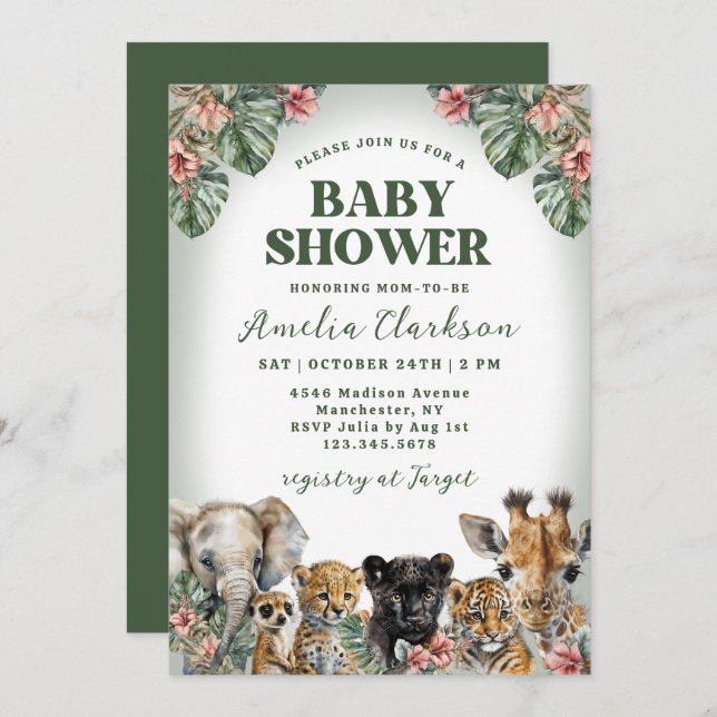 Tropical Animals Hibiscus & Palms Baby Shower Invitation (Front/Back)