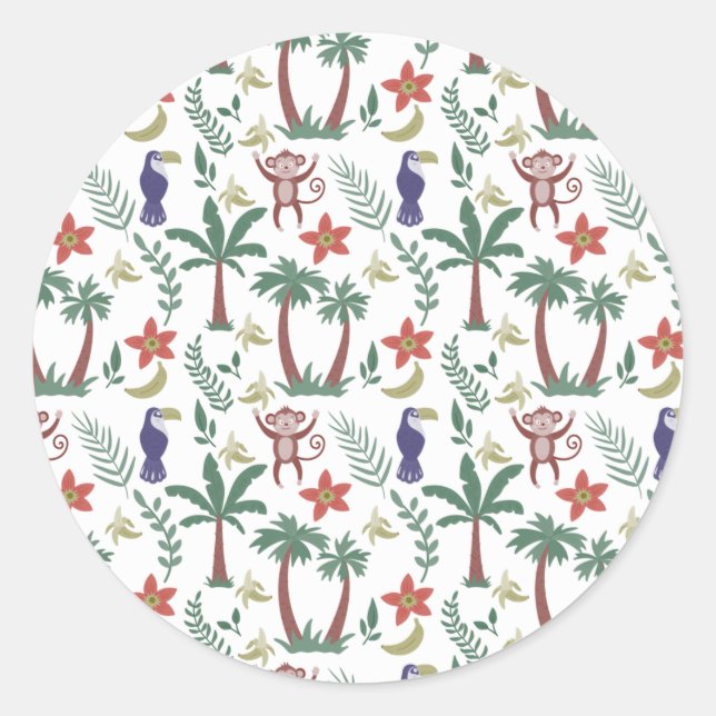 Tropical animals seamless pattern macaw and monkey classic round sticker (Front)