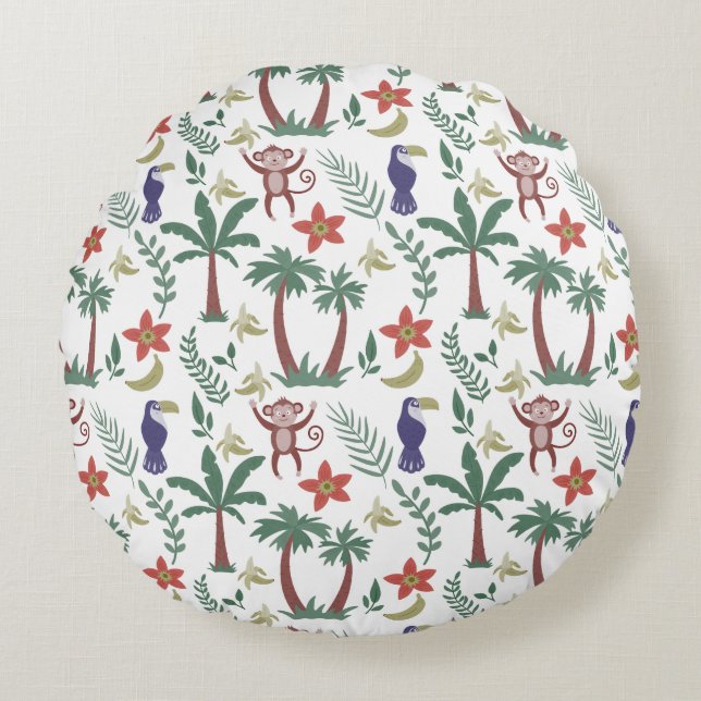 Tropical animals seamless pattern macaw and monkey round cushion (Front)