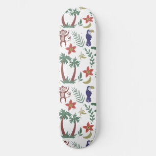 Tropical animals seamless pattern macaw and monkey skateboard