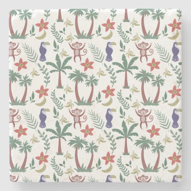 Tropical animals seamless pattern macaw and monkey stone coaster (Front)