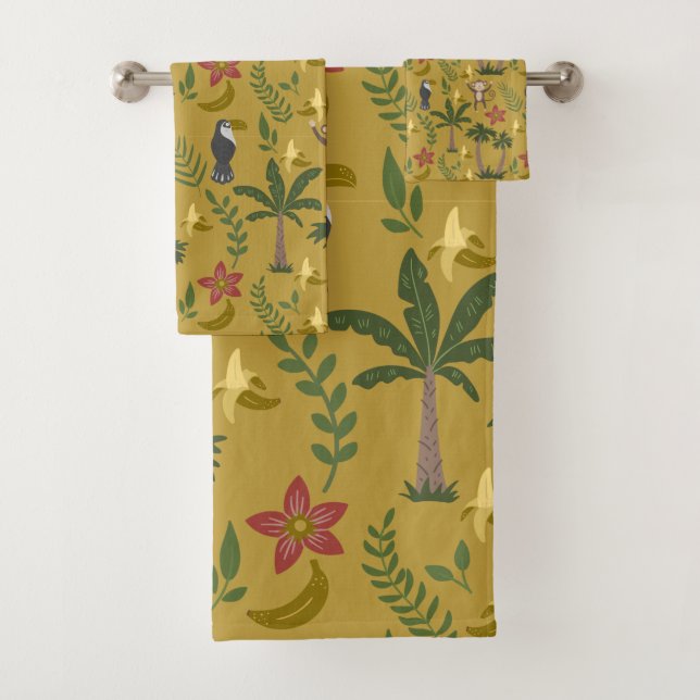 Tropical animals seamless pattern monkey , macaw bath towel set (Insitu)