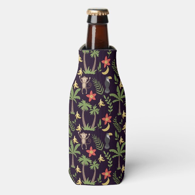 Tropical animals seamless pattern monkey & macaw bottle cooler (Bottle Front)