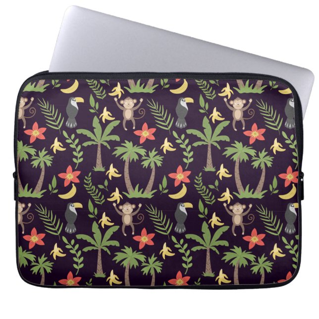 Tropical animals seamless pattern monkey & macaw laptop sleeve (Front)