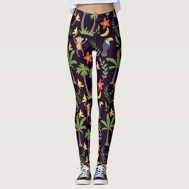 Tropical animals seamless pattern monkey & macaw leggings (Front)