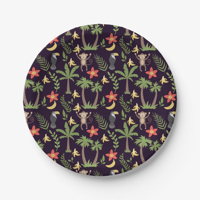 Tropical animals seamless pattern monkey & macaw paper plate (Front)