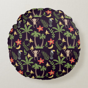 Tropical animals seamless pattern monkey & macaw round cushion