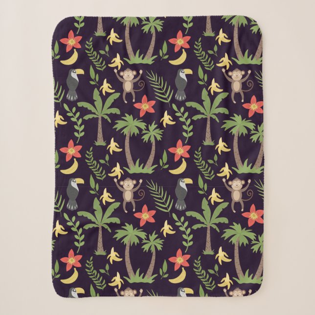 Tropical animals seamless pattern monkey & macaw sherpa blanket (Front)