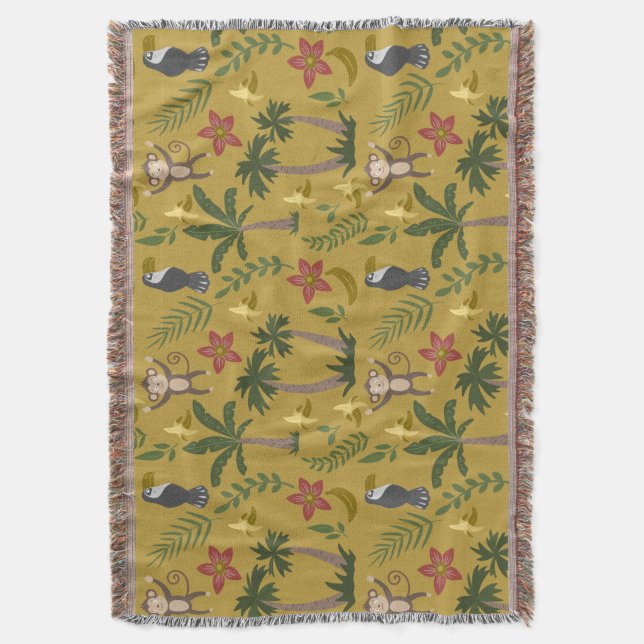 Tropical animals seamless pattern monkey , macaw throw blanket (Front Vertical)
