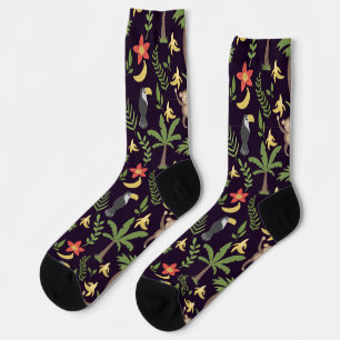 Tropical animals seamless pattern monkey & macaw w socks