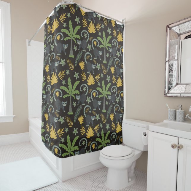 Tropical animals seamless pattern monkey palm tree shower curtain (In Situ)