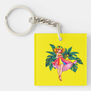 Tropical Anime Girl rainbow Dress Square Acrylic Key Ring
