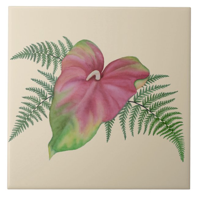 Tropical Anthurium n Ferns Floral Ceramic Tile (Front)