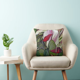 TROPICAL ANTHURIUM/RED GREEN AND MAUVE-ISH COLORS CUSHION