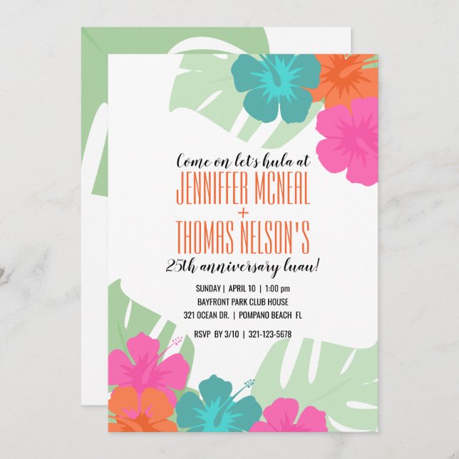 tropical any WEDDING ANNIVERSARY luau invitation 1 (Front/Back)