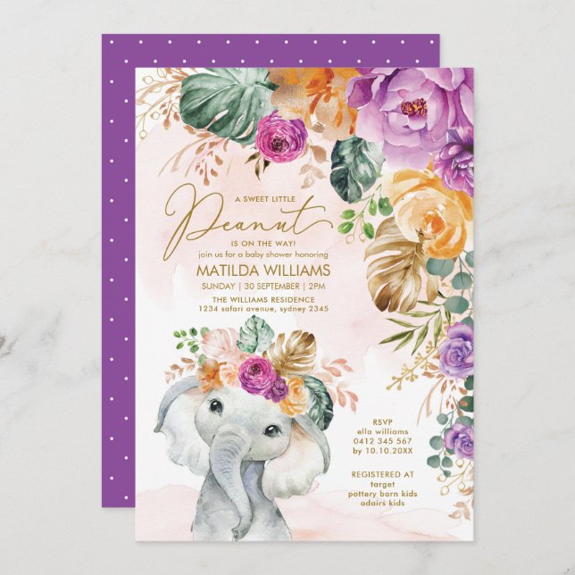 Tropical Apricot Violet Floral Elephant Shower Invitation (Front/Back)