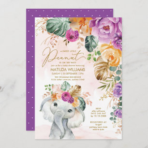 Tropical Apricot Violet Floral Elephant Shower Invitation
