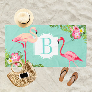 Tropical Aqua and Pink Flamingo Custom Monogram Beach Towel
