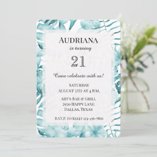 Tropical Aqua Blue Floral Leaves Birthday Invitation