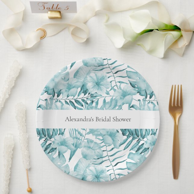 Tropical Aqua Blue Floral Leaves Bridal Shower Paper Plate (Wedding)