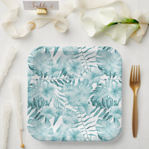 Tropical Aqua Blue Floral Leaves Bridal Shower Paper Plate